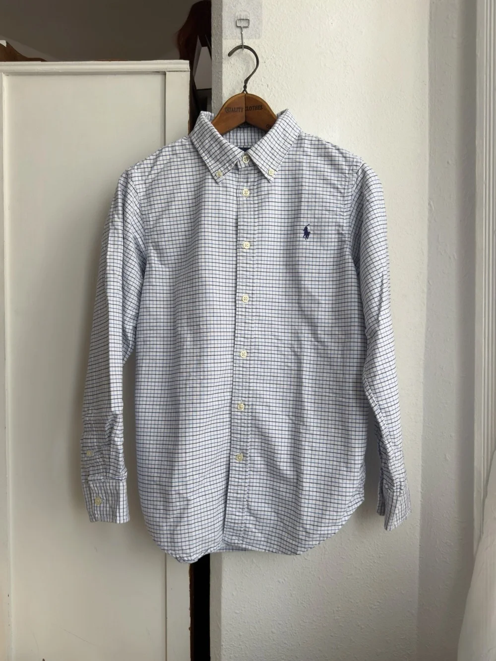 Ralph Lauren White and Blue Checked Button-Down Dress Shirt